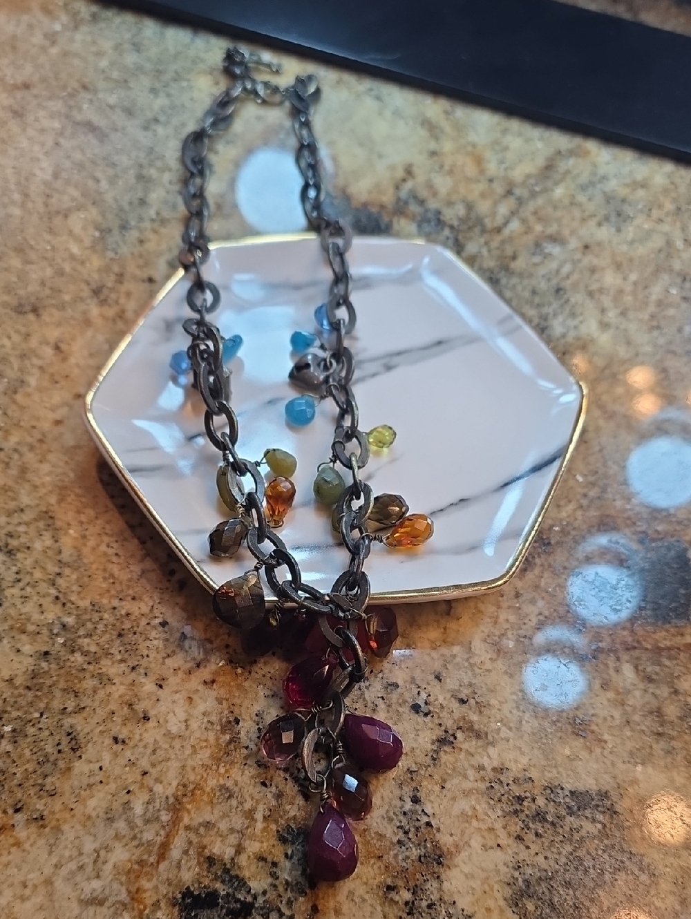 Fossil Multicolor Faceted Bead Cluster Necklace - Red, Amber, Blue, Green